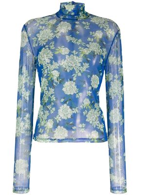 Shuting Qiu floral-print semi-sheer high-neck blouse - Blue