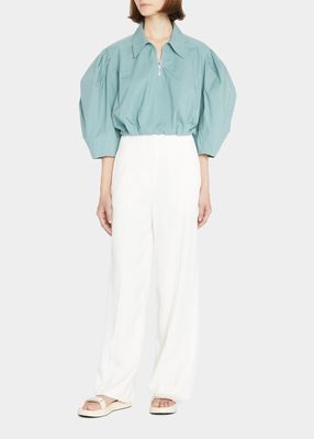 Sia Oversized Puffed Sleeve Front-Zip Blouse