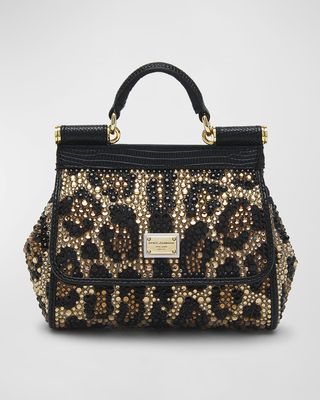 Sicily Tiny Strass Leopard Top-Handle Bag