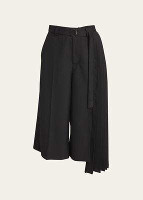 Side Pleated-Panel Belted Wide-Leg Capri Trousers