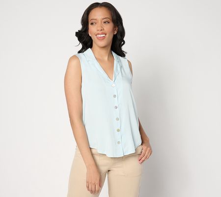 Side Stitch Button Down Notch Collar Tank - Sky