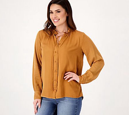 Side Stitch Button Down Top with Ruffle Neck