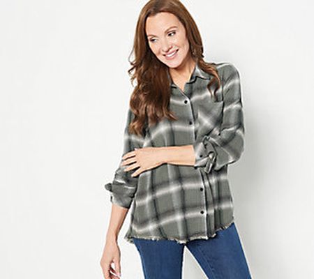 Side Stitch Cozy Pucker Plaid Button Down Top with Fray Hem