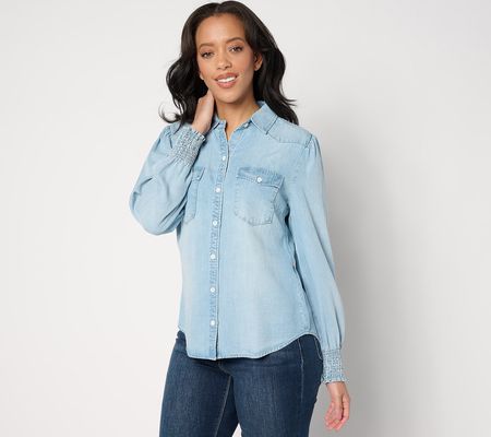 Side Stitch Flap Pocket Button Down Top - Light Mist