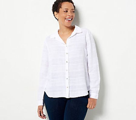 Side Stitch Regular Soft Textured Slub Stripe Button Down Top