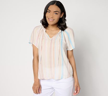 Side Stitch Ruffle Neck and Sleeve Top - Desert Stripes