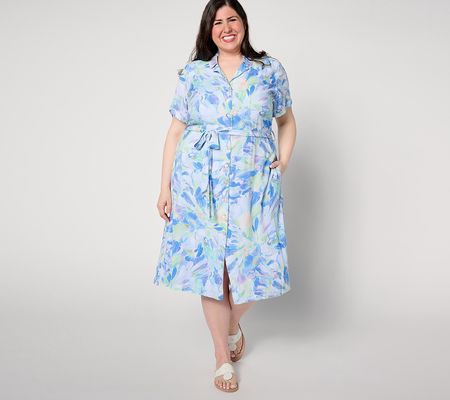 Side Stitch ShortSleeve Button Front Midi Dress - Aqua Bloom