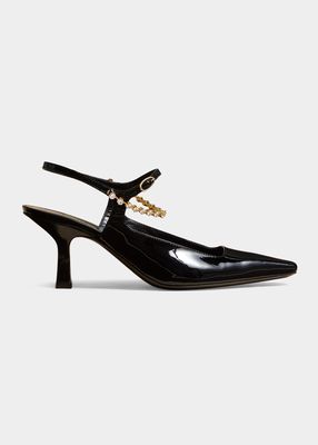 Sidney Patent Chain Ankle-Strap Pumps