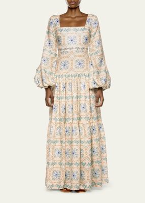 Siena Puff-Sleeve Floral Linen Maxi Dress