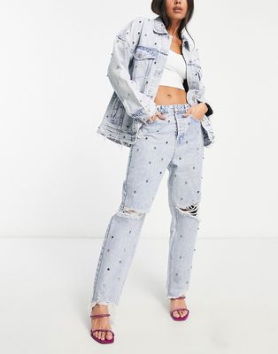 Signature 8 ripped embellished mom jeans in light wash - part of a set-Blue