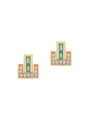 Signature E 18K Yellow Gold, Emerald & Diamond Stud Earrings