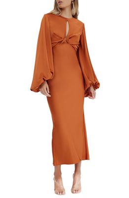 Significant Other Demi Cutout Long Sleeve Satin Maxi Dress in Clay