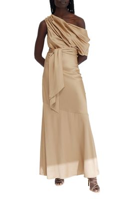 Significant Other Erika One-Shoulder Satin A-Line Dress in Tan