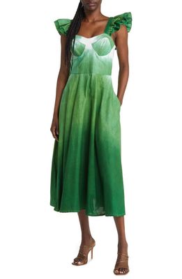 SIKA Binsa Ombré Ruffle Cotton Midi Dress in Green Ombre