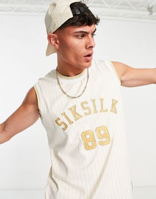 Siksilk basketball tank top in beige with pinstripe and varsity print - part of a set-White