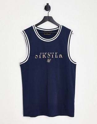 SikSilk division basketball jersey in navy with gold print