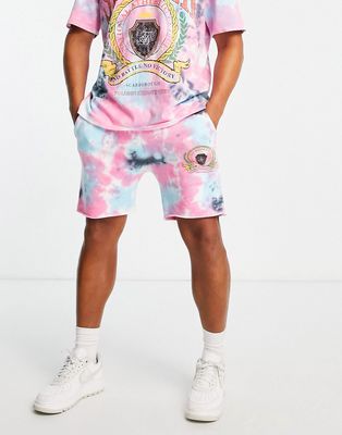 Siksilk jersey shorts in pink tie dye with varsity print - part of a set-Multi