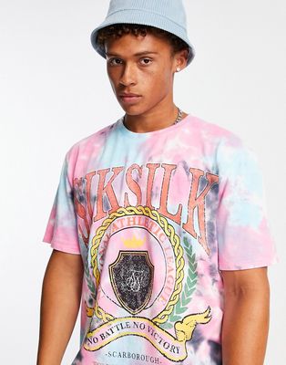 Siksilk oversized t-shirt in pink tie dye with varsity print - part of a set-Multi