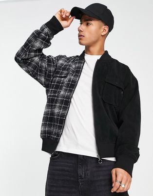 SikSilk spliced bomber jacket in black and gray plaid