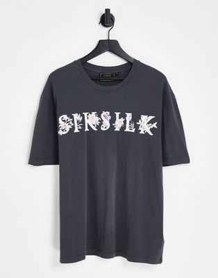 Siksilk t-shirt in gray acid wash with floral logo print