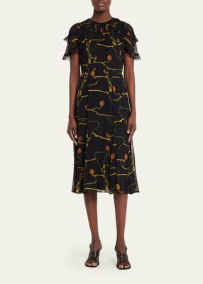 Silk Crinkle Printed Day Dress with Ruffle Sleeves