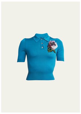 Silk Henley Top with Floral Applique Detail