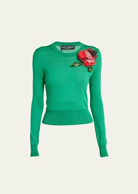 Silk Knit Sweater with Floral Applique Detail