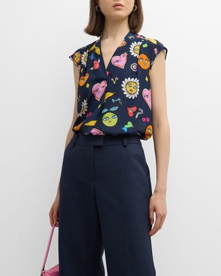 Silk Mixed Emoji Printed Blouse