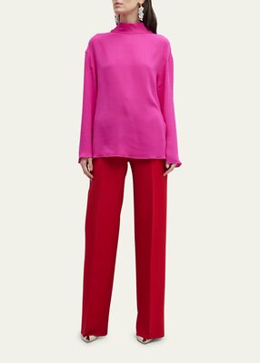 Silk Turtleneck Blouse with Draped Back Detail