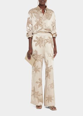 Silk Wide-Leg Pants With Botanical Embroidery