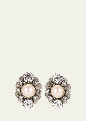 Silver Crystal Oval Clip On Earrings with Pearly Center