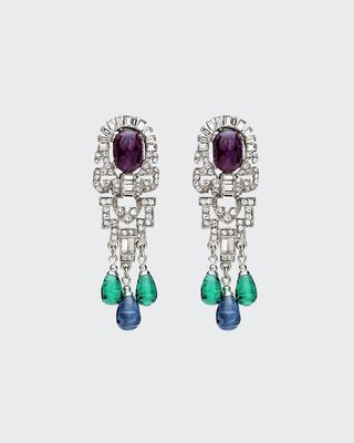 Silver Crystal Oval Topa and Emerald Sapphire Drop Clip-On Earrings