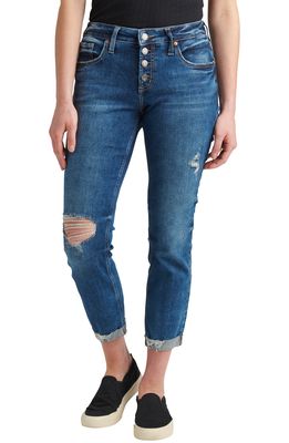 Silver Jeans Co. Ripped Exposed Button Slim Boyfriend Jeans in Indigo