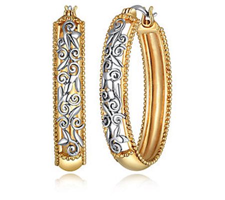 Silver Style Two-Tone Filigree Cut Out Hoop Ear rings, Sterling