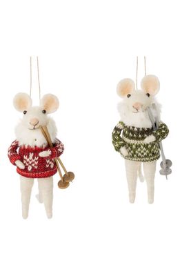Silver Tree Assorted Set of 2 Skiing Mice Ornaments in Red/Green/White