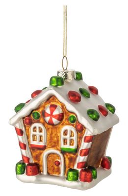 Silver Tree Gingerbread House Glass Ornament in Brown Multi