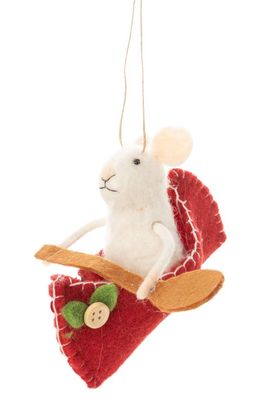 Silver Tree Mouse in a Canoe Felt Ornament in White/Red