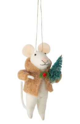Silver Tree Mouse in a Faux Fur Coat Felt Ornament in White/Brown