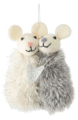 Silver Tree Plush Hugging Mice Ornament in White/Grey
