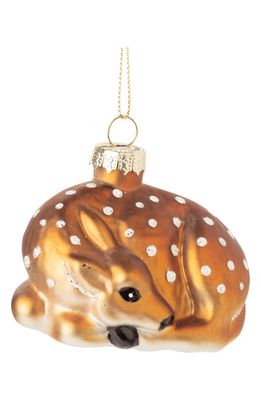 Silver Tree Resting Fawn Glass Ornament in Gold/White