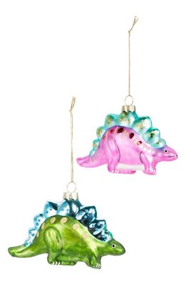 Silver Tree Set of 2 Glass Dinosaur Ornaments in Green/Pink/Gold Multi