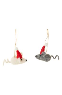 Silver Tree Set of 2 Mice with Santa Hats Felt Ornaments in White/Grey