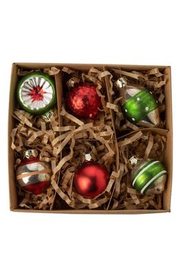 Silver Tree Set of 6 Assorted Mini Vintage Glass Ornaments in Red/Green