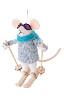 Silver Tree Skiing Mouse Felt Ornament in Blue/White