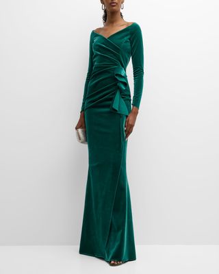 Silveria Pleated Off-Shoulder Velvet Gown