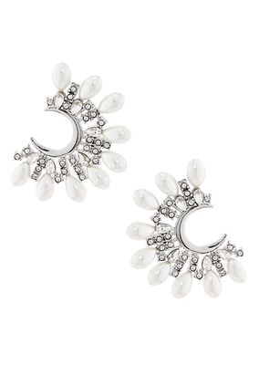 Silvertone, Imitation Pearl & Crystal C-Shaped Earrings