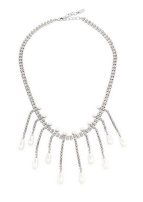 Silvertone, Imitation Pearl & Crystal Fringe Necklace