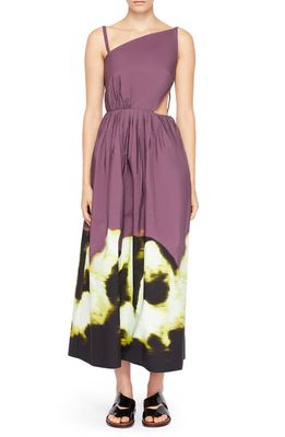 Simkhai Collene Asymmetric Mixed Print Cotton Poplin Dress in Raisin Multi