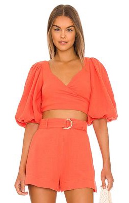 SIMKHAI Mila Puff Sleeve Wrap Top in Red