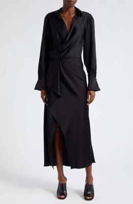 Simkhai Talita Long Sleeve Faux Wrap Satin Dress in Black